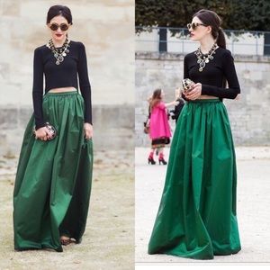 Emerald Green Satin Pleated Maxi Skirt